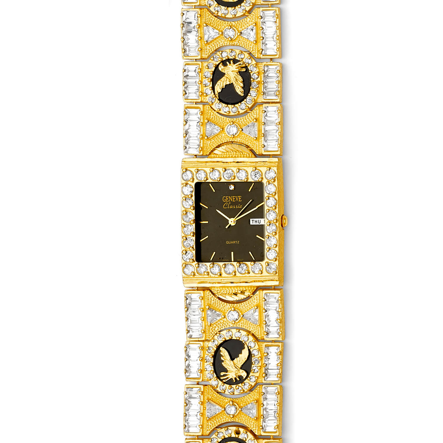 White CZ and Onyx Square Shape Mens Watch in 14K Gold