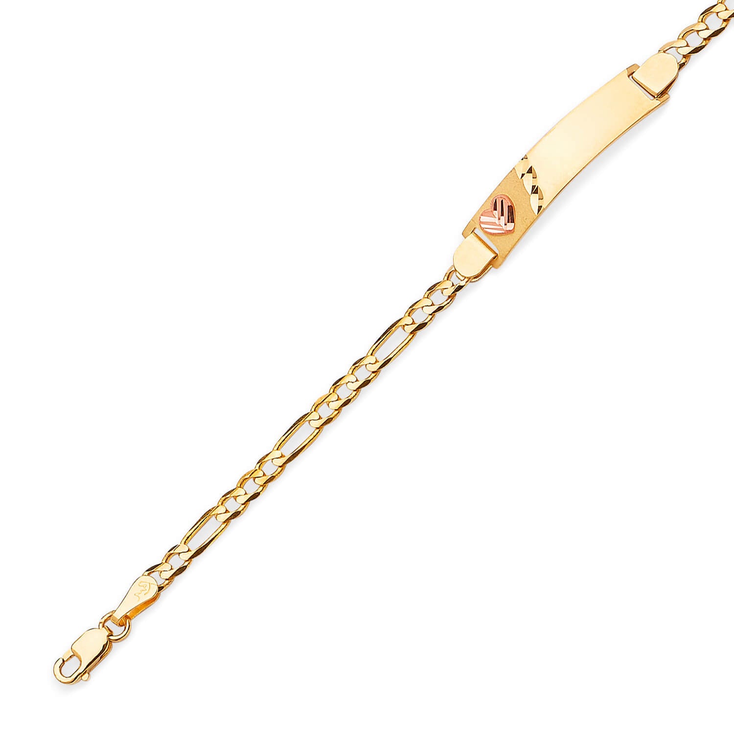 Figaro Kids Heart Border ID Bracelet In 14K Two-Tone Gold