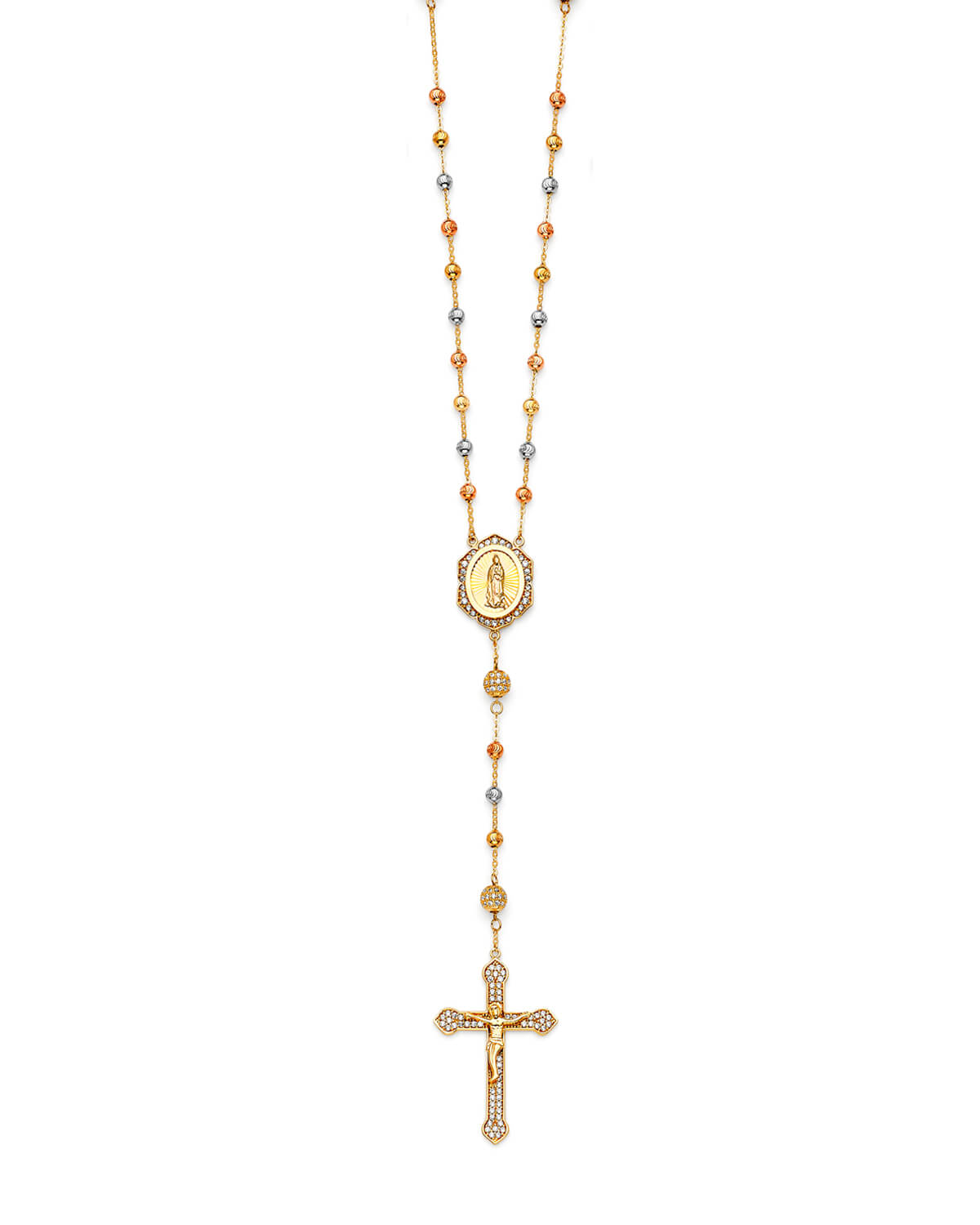 White CZ Crucifix Five-Decade Rosary Necklace in 14K Tri-Color Gold
