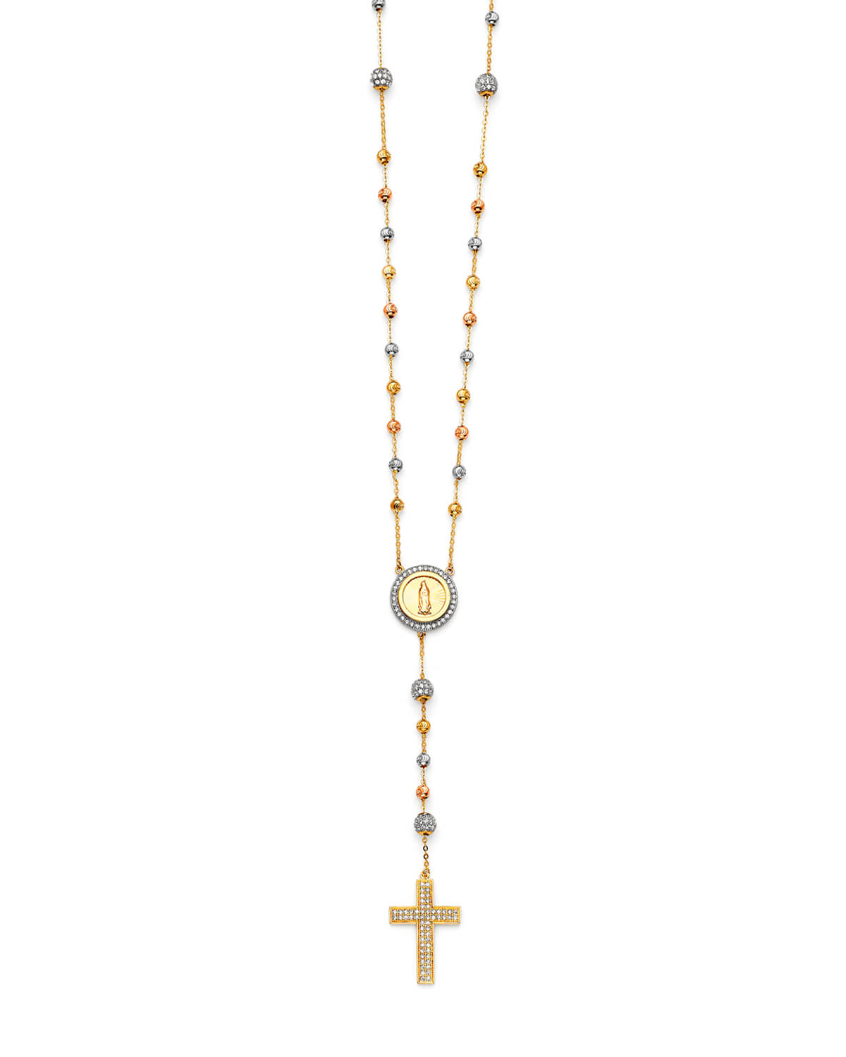 Adjustable White CZ Cross Five-Decade Rosary Necklace in 14K Tri-Color Gold