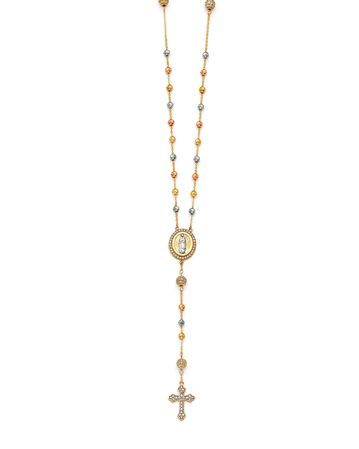 Adjustable White CZ Cross Five-Decade Rosary Necklace in 14K Tri-Color Gold