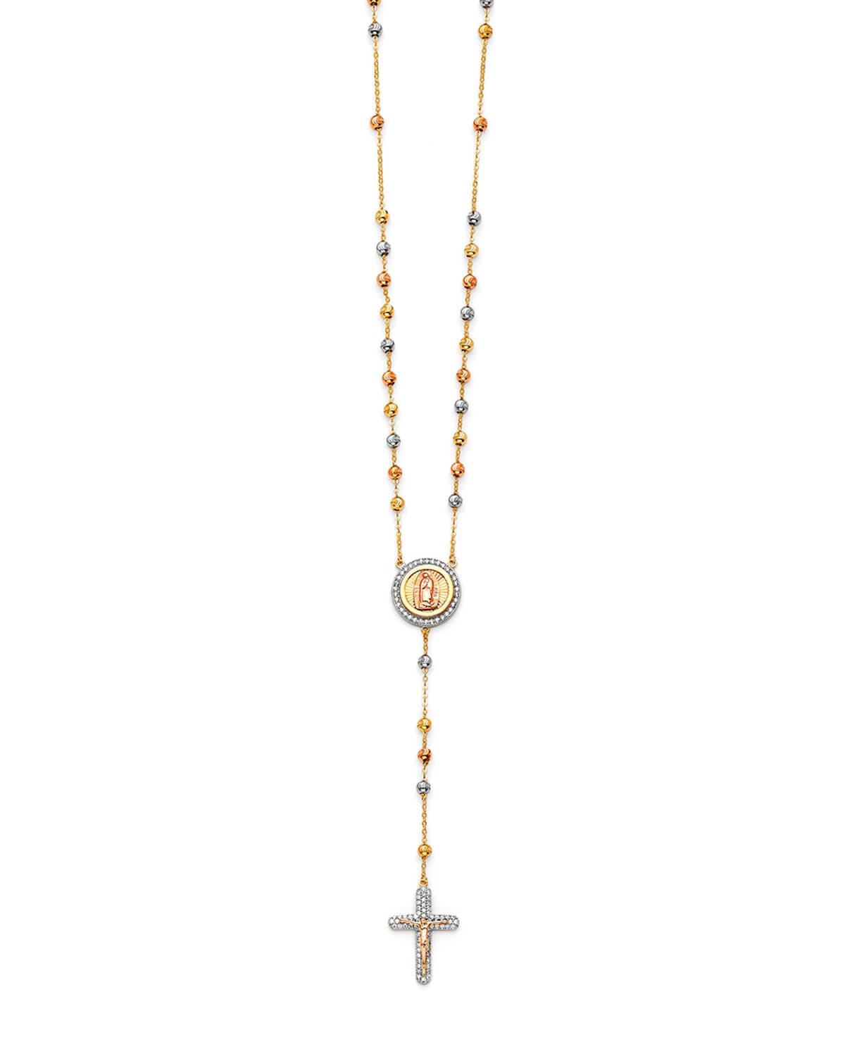 Adjustable White CZ Cross Five-Decade Rosary Necklace in 14K Tri-Color Gold