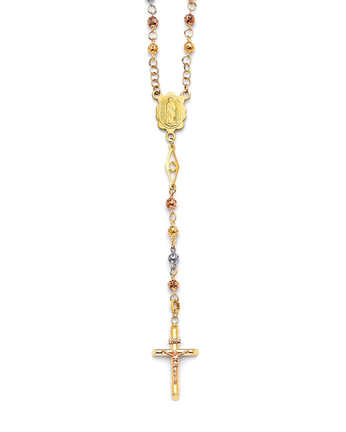 Crucifix Five-Decade Rosary Necklace in 14K Tri-Color Gold