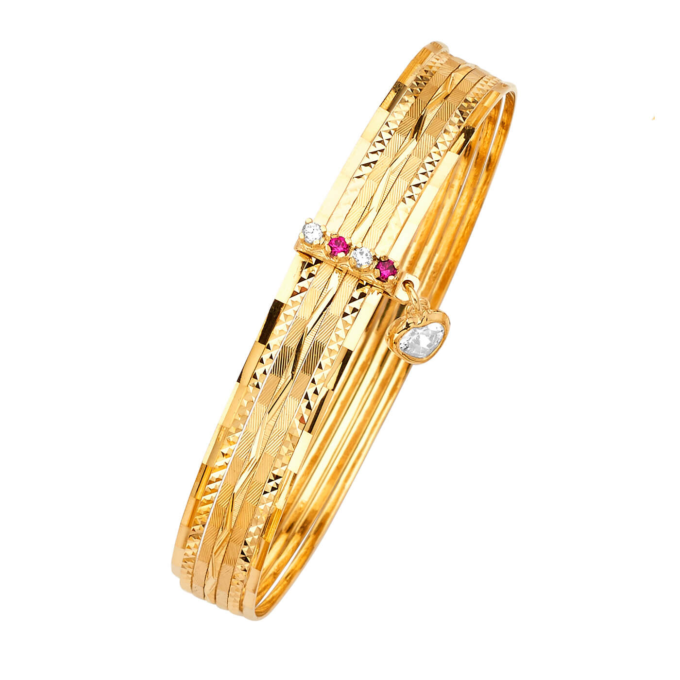 Pink & White CZ Solid Ladies 7-Day Single Bangle in 14K Gold