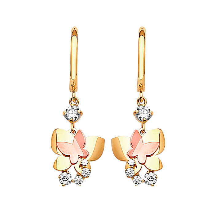 Butterfly Drop Earrings with White CZ in 14K Two-Tone Gold