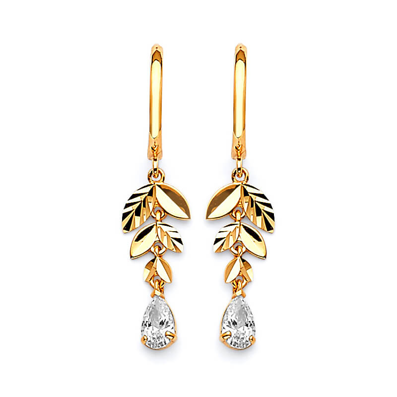 Leaf Drop Earrings with White CZ in 14K Gold
