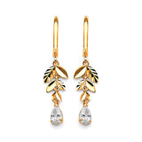 Leaf Drop Earrings with White CZ in 14K Gold
