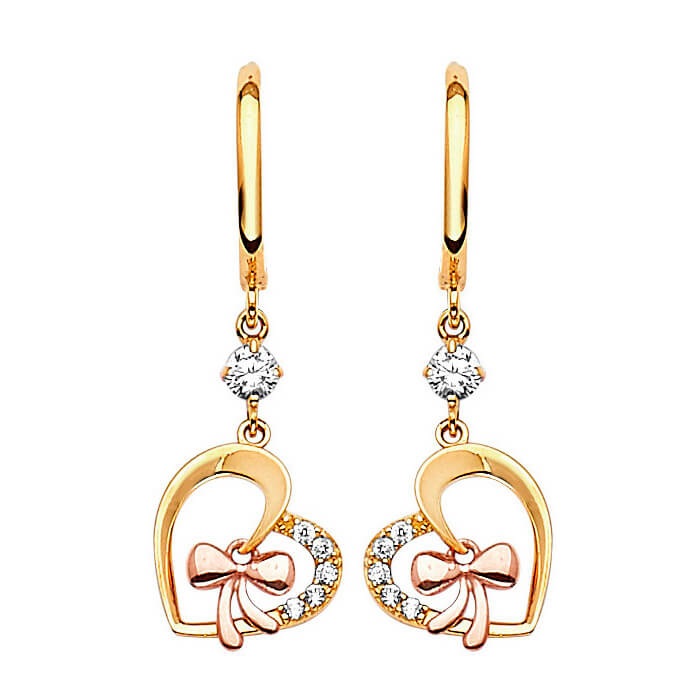 Ribbon Drop Earrings with White CZ in 14K Two-Tone Gold