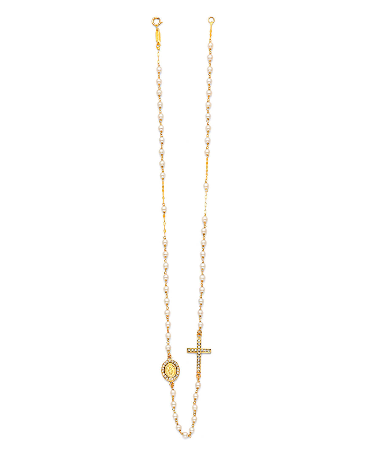 White CZ Cross Rosary Necklace in 14K Gold