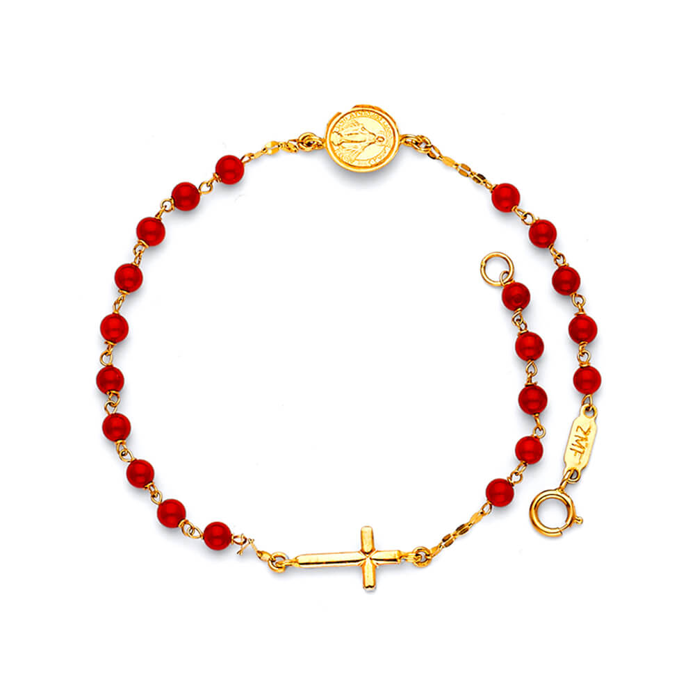 Beaded Ladies Cross Rosary Bracelet In 14K Gold