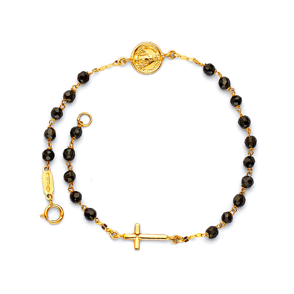 Beaded Ladies Cross Rosary Bracelet In 14K Gold