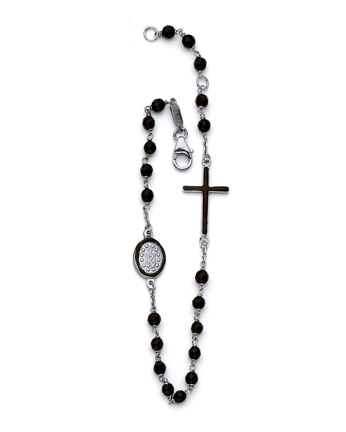 Beaded Ladies Cross Rosary Bracelet In 14K White Gold
