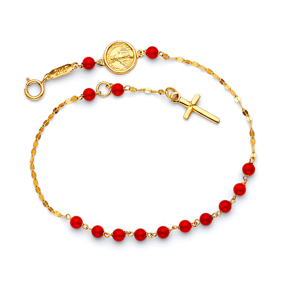 Beaded Ladies Cross Rosary Bracelet In 14K Gold
