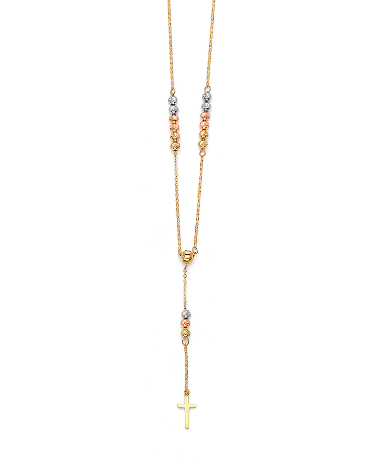 Cross Rosary Necklace in 14K Tri-Color Gold