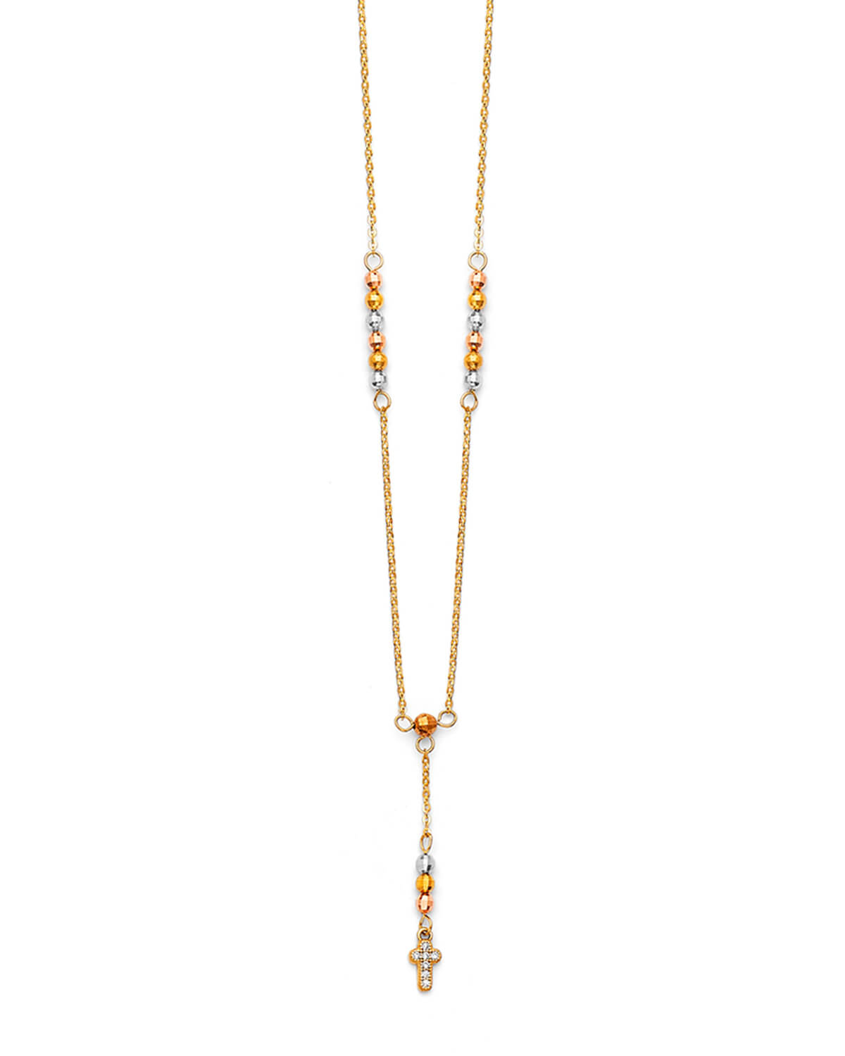 White CZ Cross Rosary Necklace in 14K Tri-Color Gold