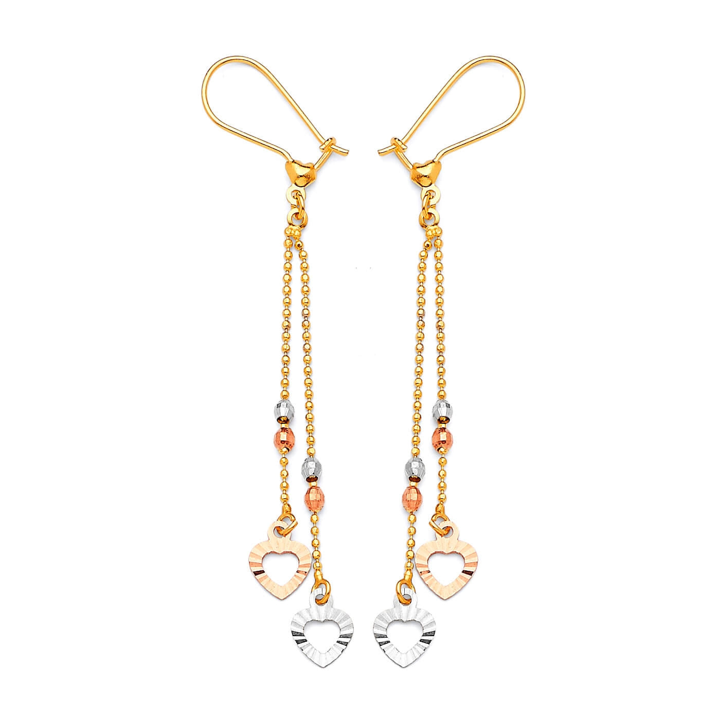 Heart Tassel Earrings in 14K Tri-Color Gold
