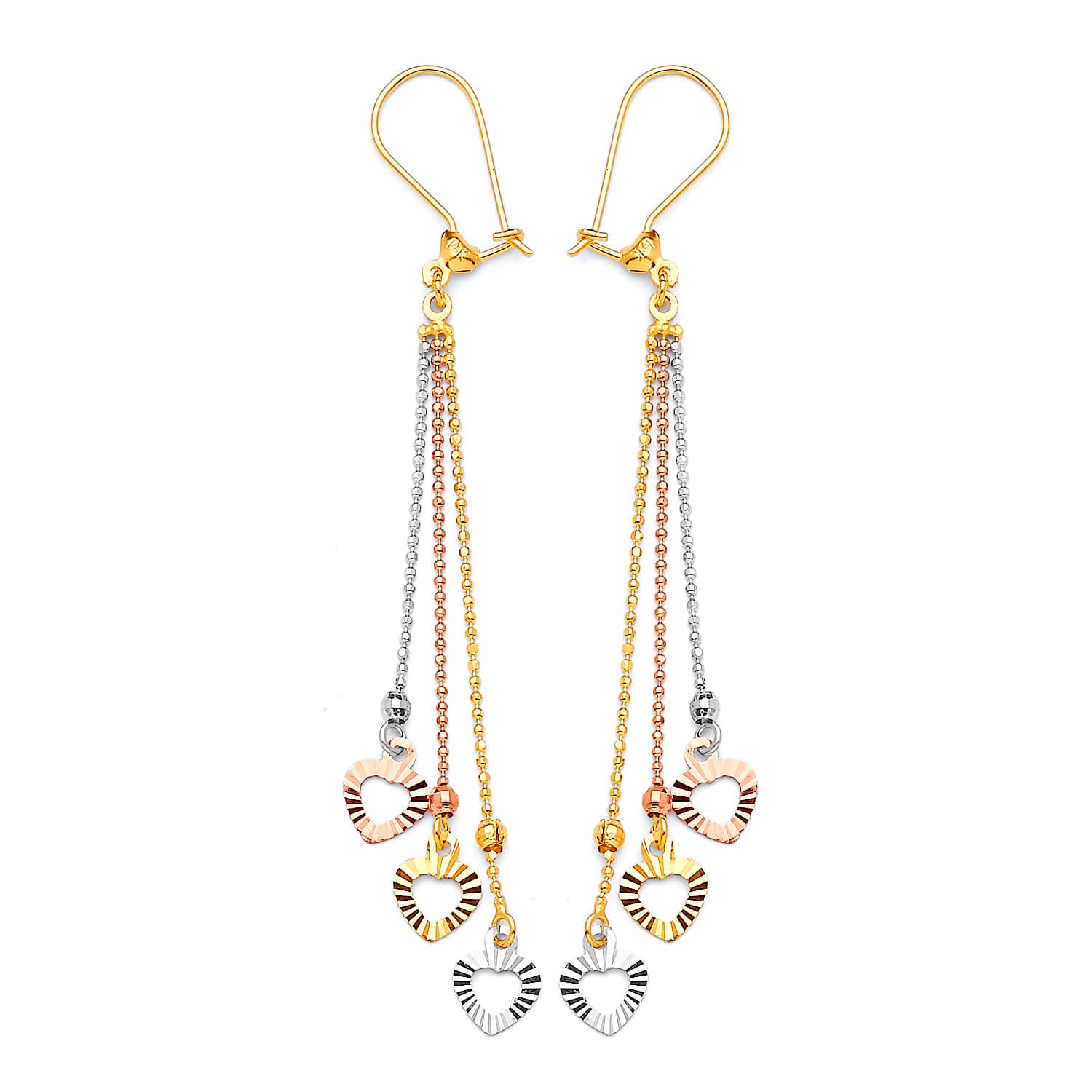 Heart Tassel Earrings in 14K Tri-Color Gold