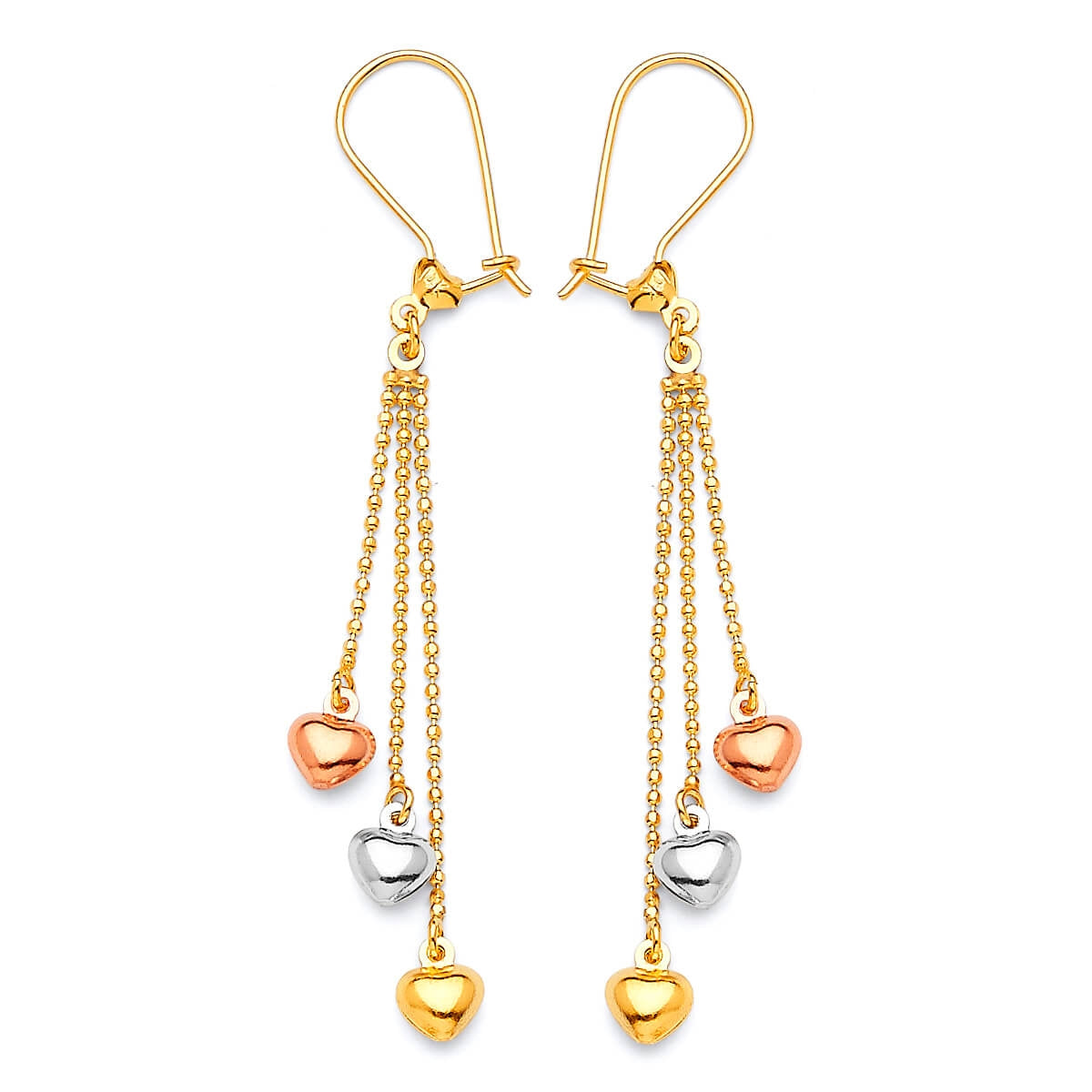 Heart Tassel Earrings in 14K Tri-Color Gold