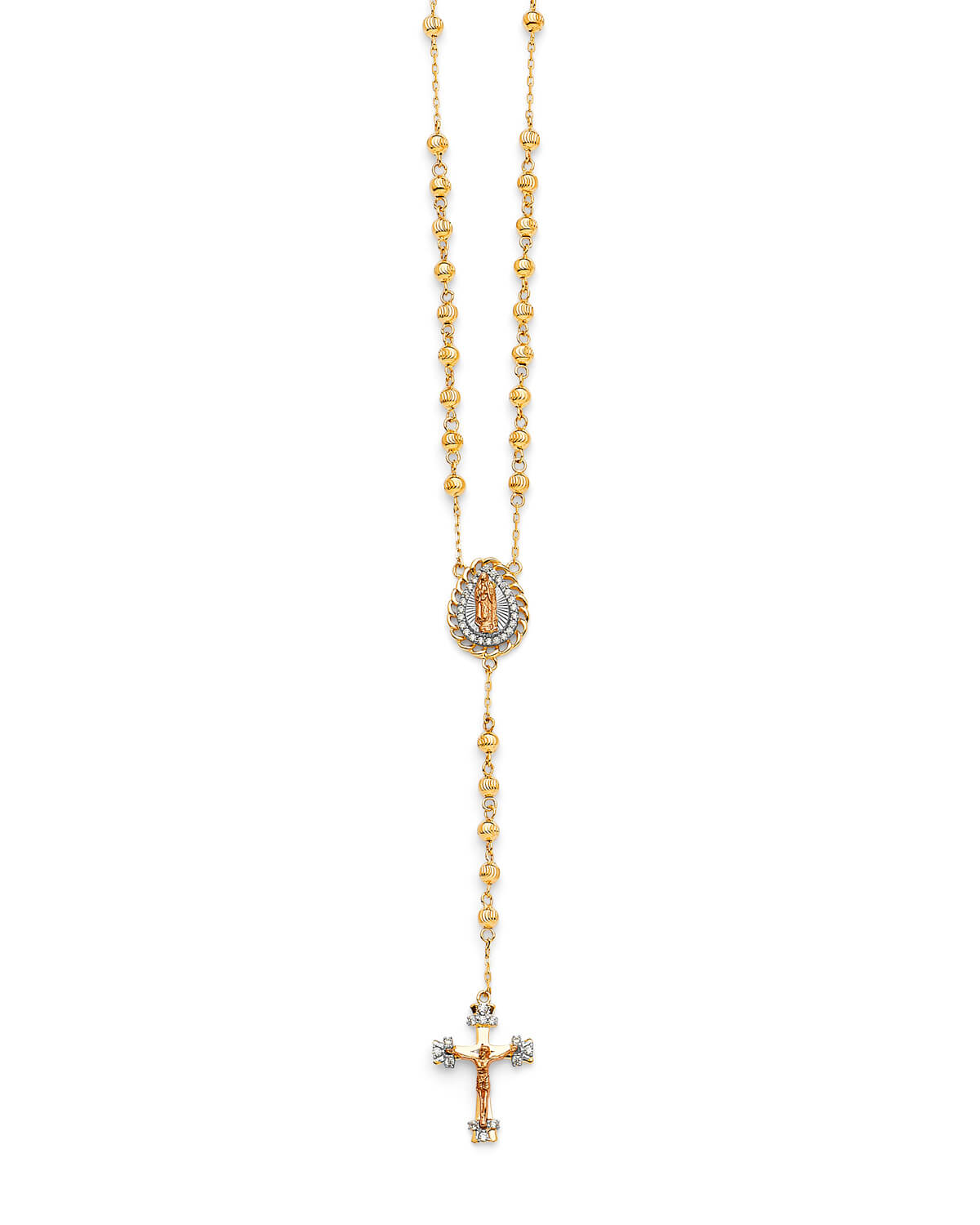 White CZ Crucifix Five-Decade Rosary Necklace in 14K Tri-Color Gold