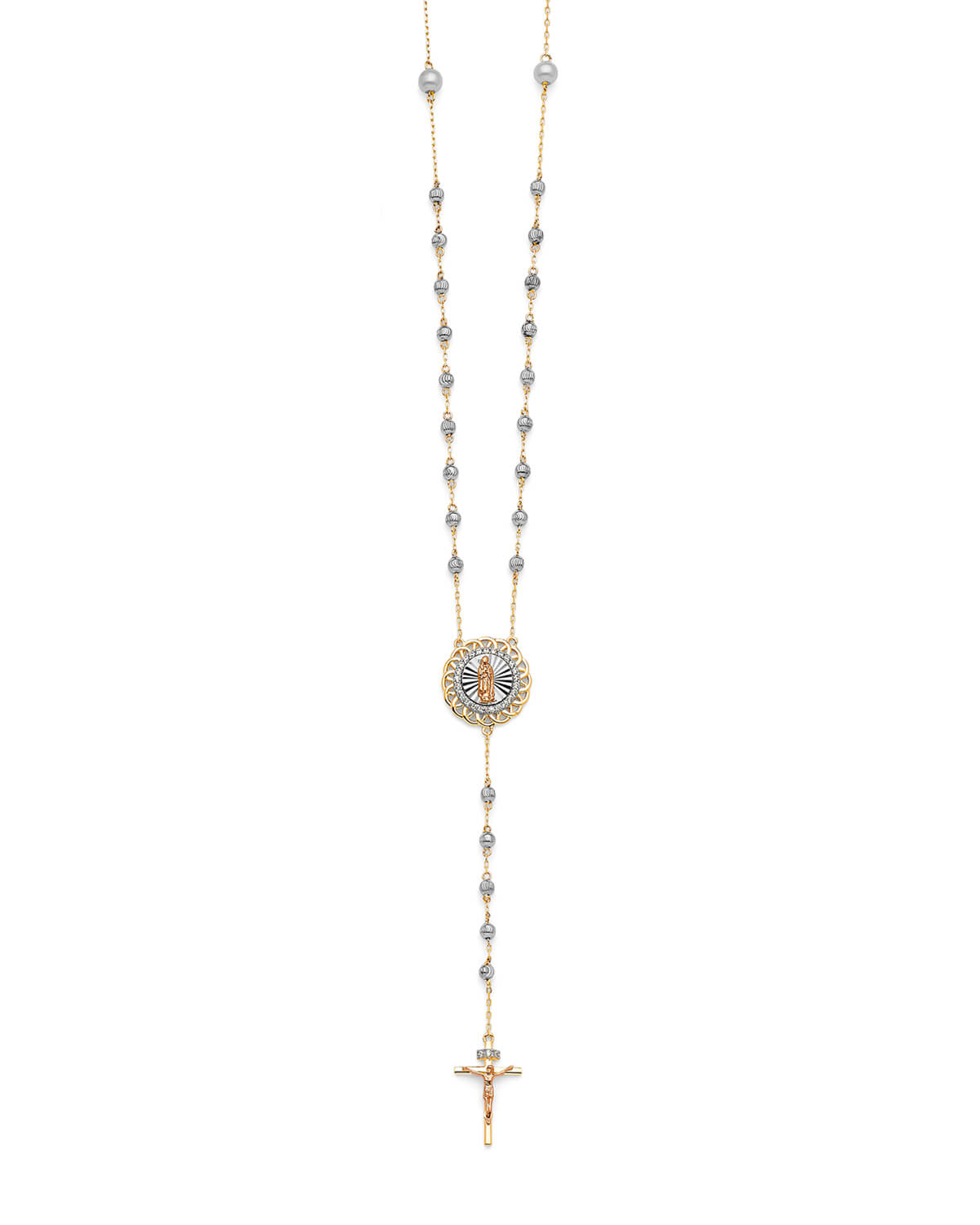 White CZ Crucifix Five-Decade Rosary Necklace in 14K Tri-Color Gold