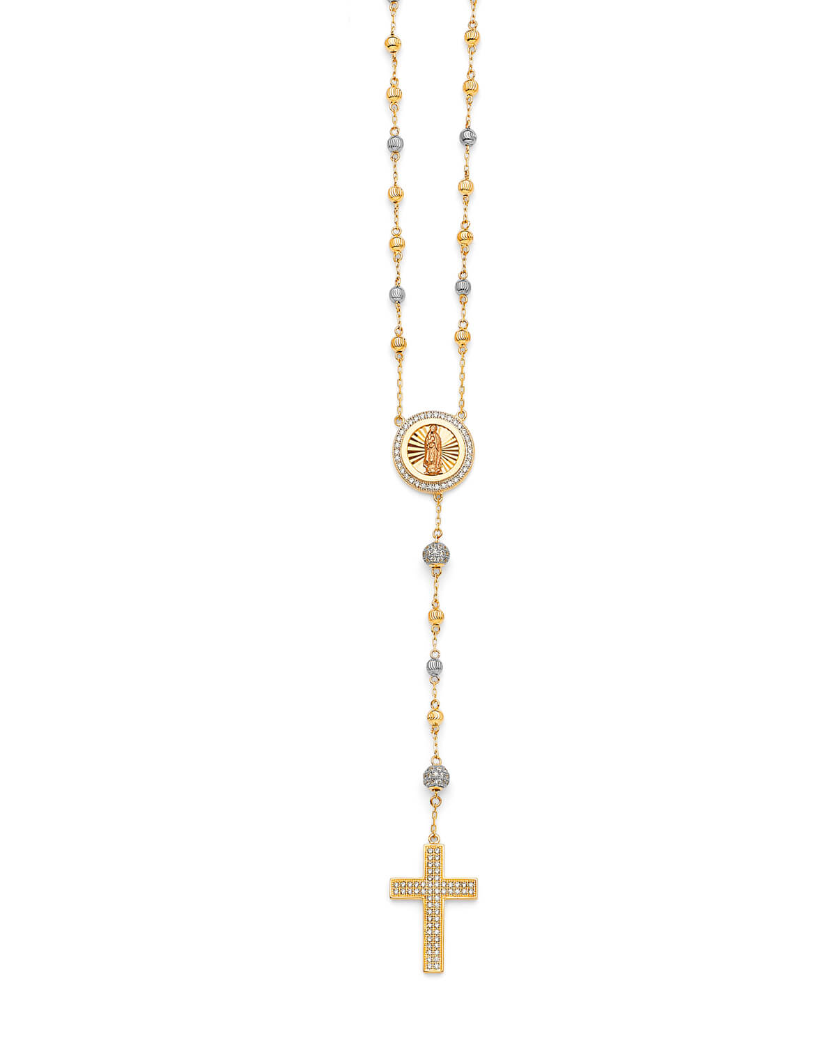 White CZ Cross Five-Decade Rosary Necklace in 14K Tri-Color Gold