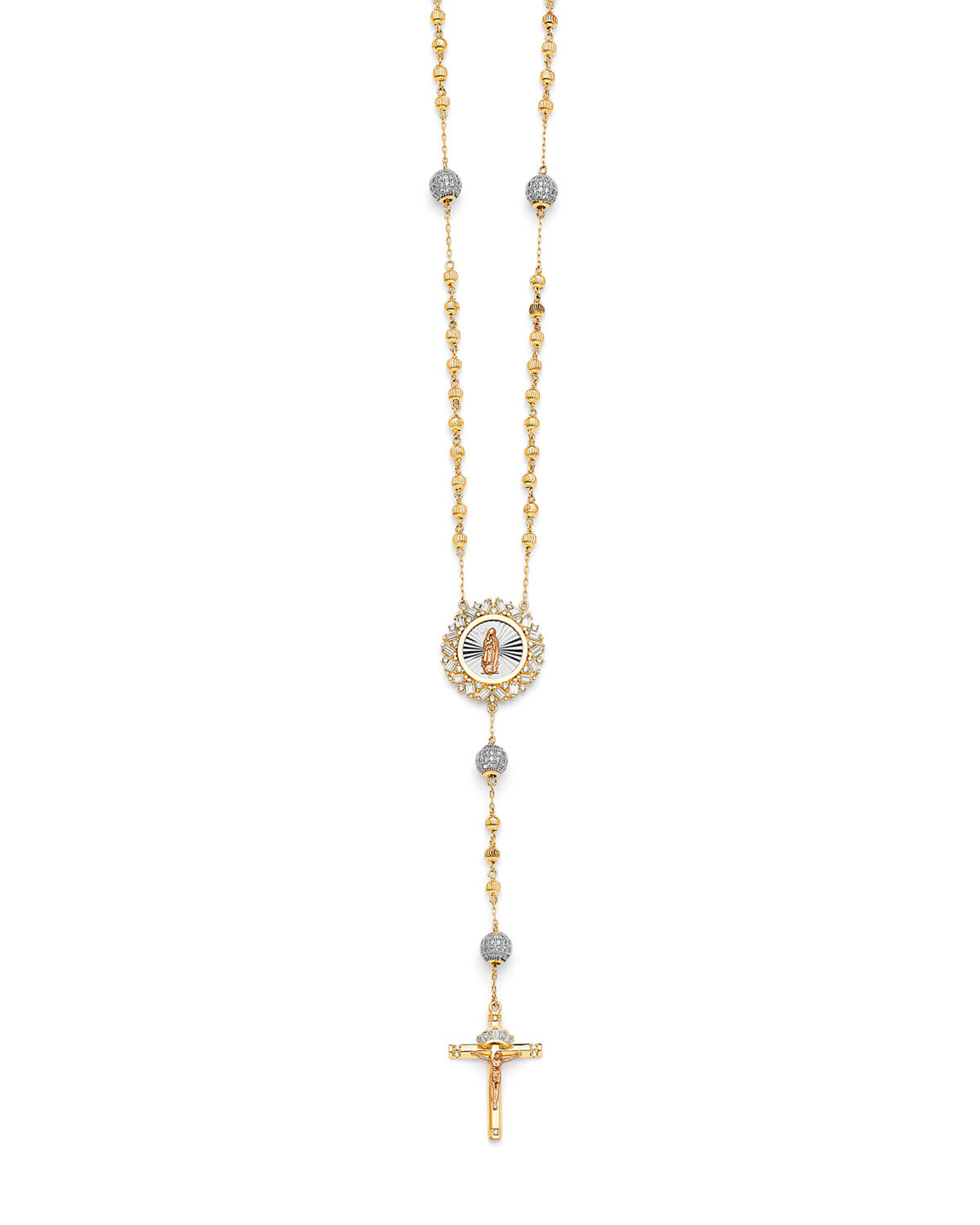White CZ Crucifix Five-Decade Rosary Necklace in 14K Tri-Color Gold