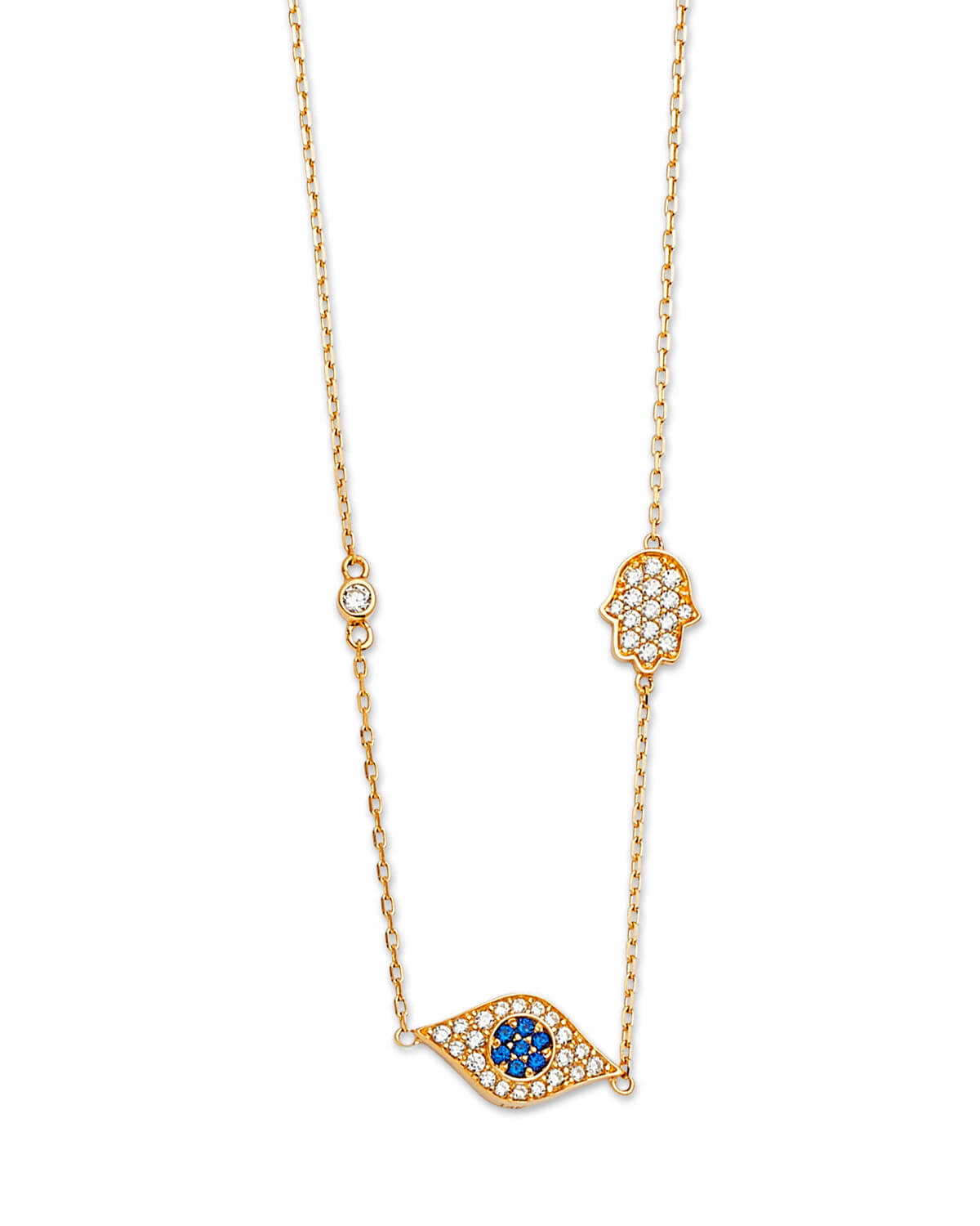 Adjustable Blue & White CZ Eye Charm Necklace in 14K Gold