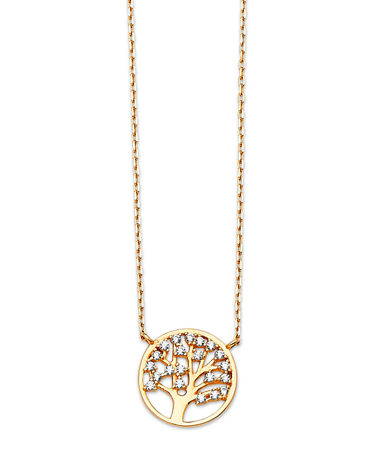 Adjustable White CZ Tree Charm Necklace in 14K Gold