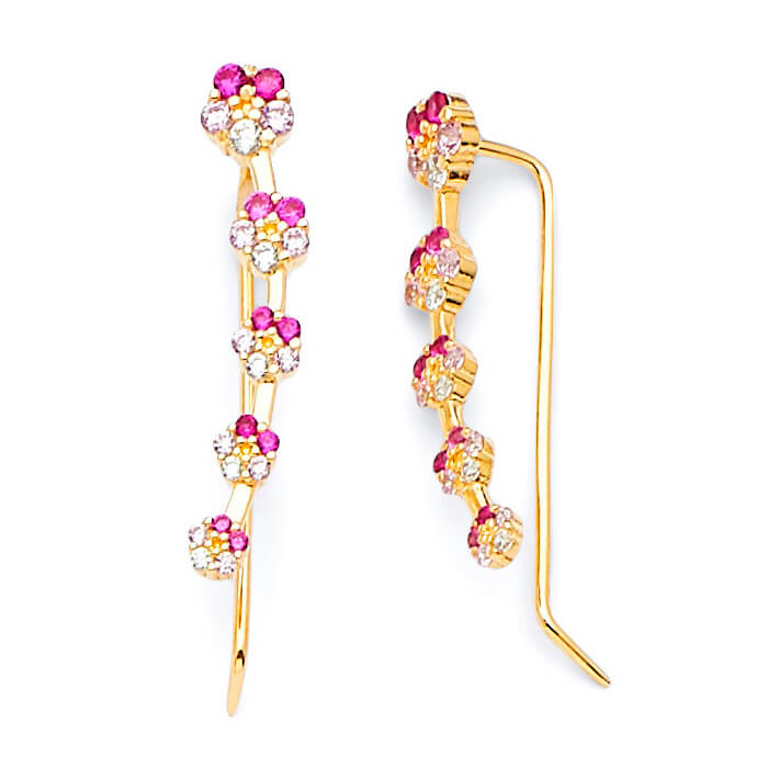 Crawler Earrings with Pink & White CZ in 14K Gold