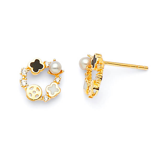 Stud Earrings with Onyx and Pearl in 14K Gold and Butterfly Backing