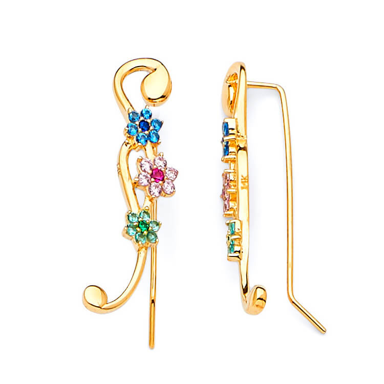 Flower Crawler Earrings with Multi-Color CZ in 14K Gold