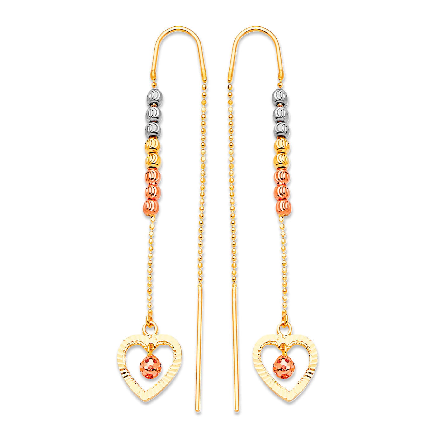 Heart Tassel Earrings in 14K Tri-Color Gold