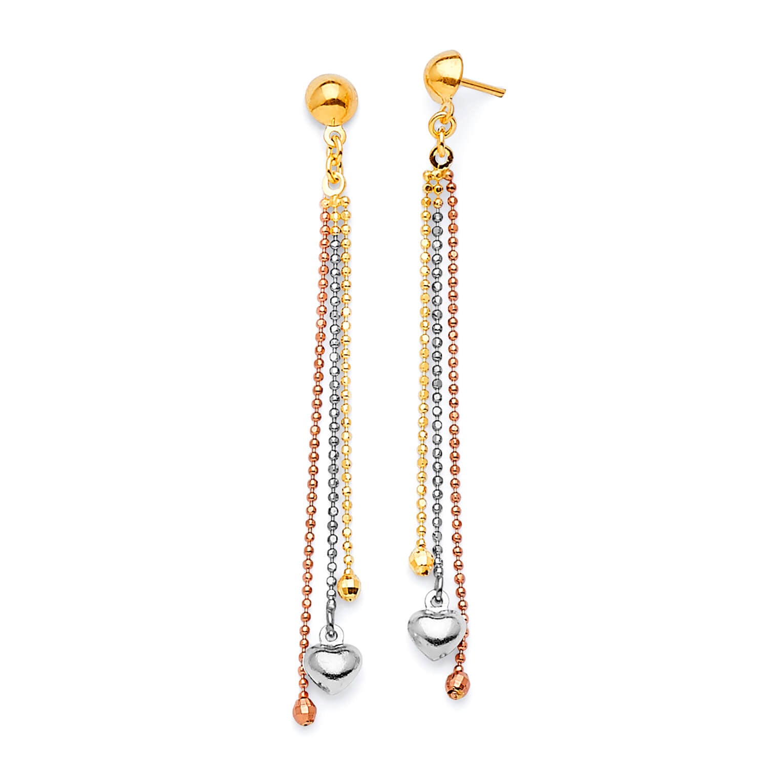 Heart Tassel Earrings in 14K Tri-Color Gold and Butterfly Backing