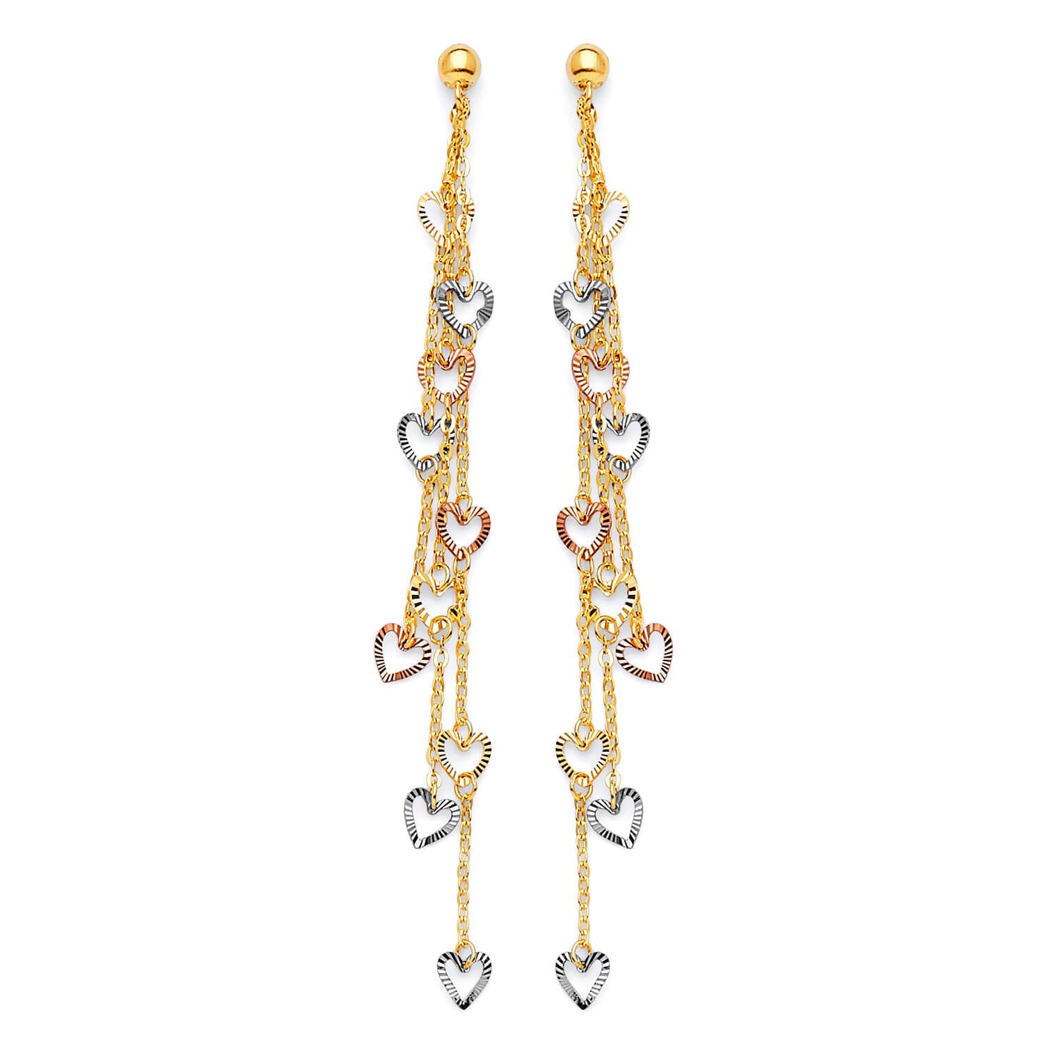 Heart Tassel Earrings in 14K Tri-Color Gold and Butterfly Backing