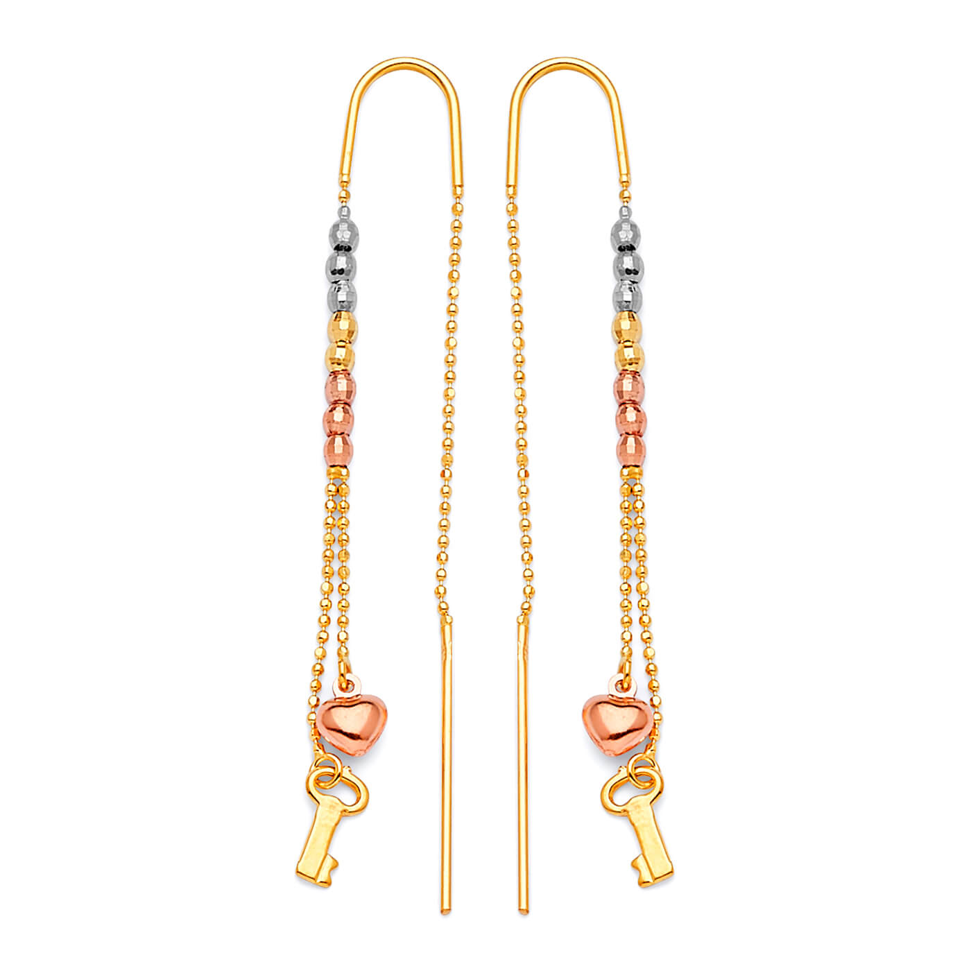 Heart Tassel Earrings in 14K Tri-Color Gold