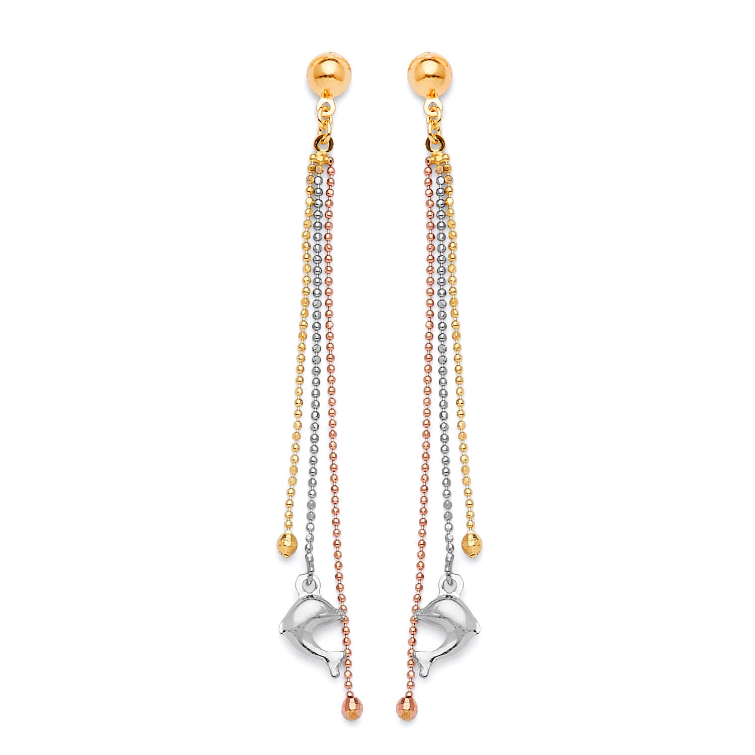 Dolphin Tassel Earrings in 14K Tri-Color Gold and Butterfly Backing