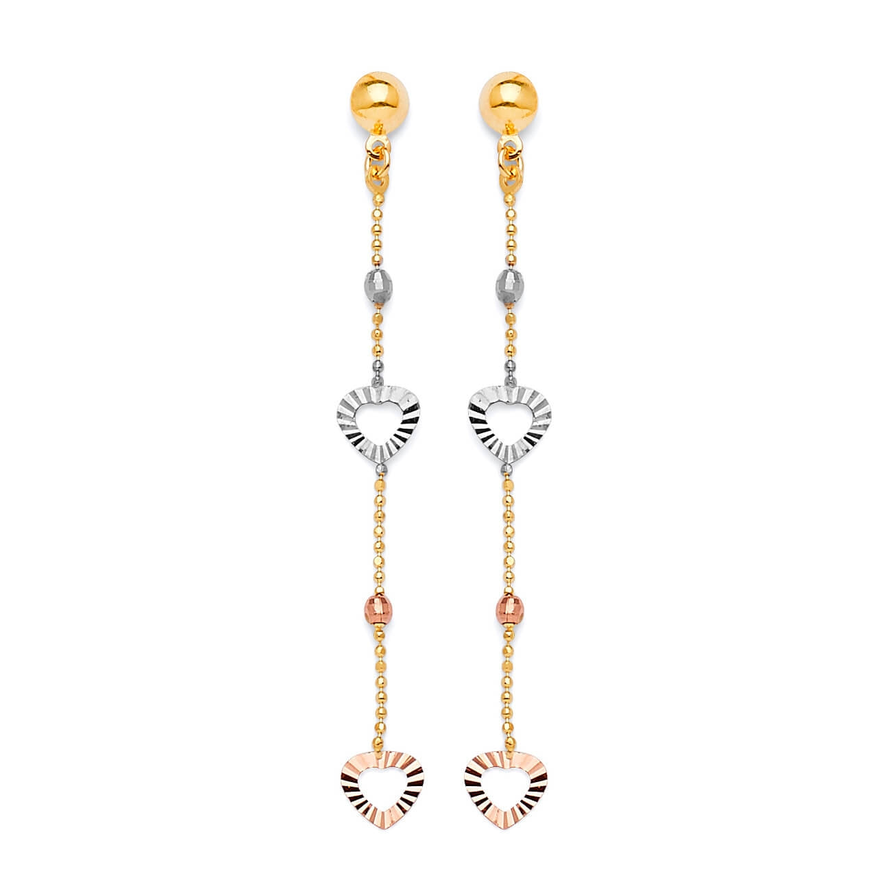 Heart Tassel Earrings in 14K Tri-Color Gold and Butterfly Backing