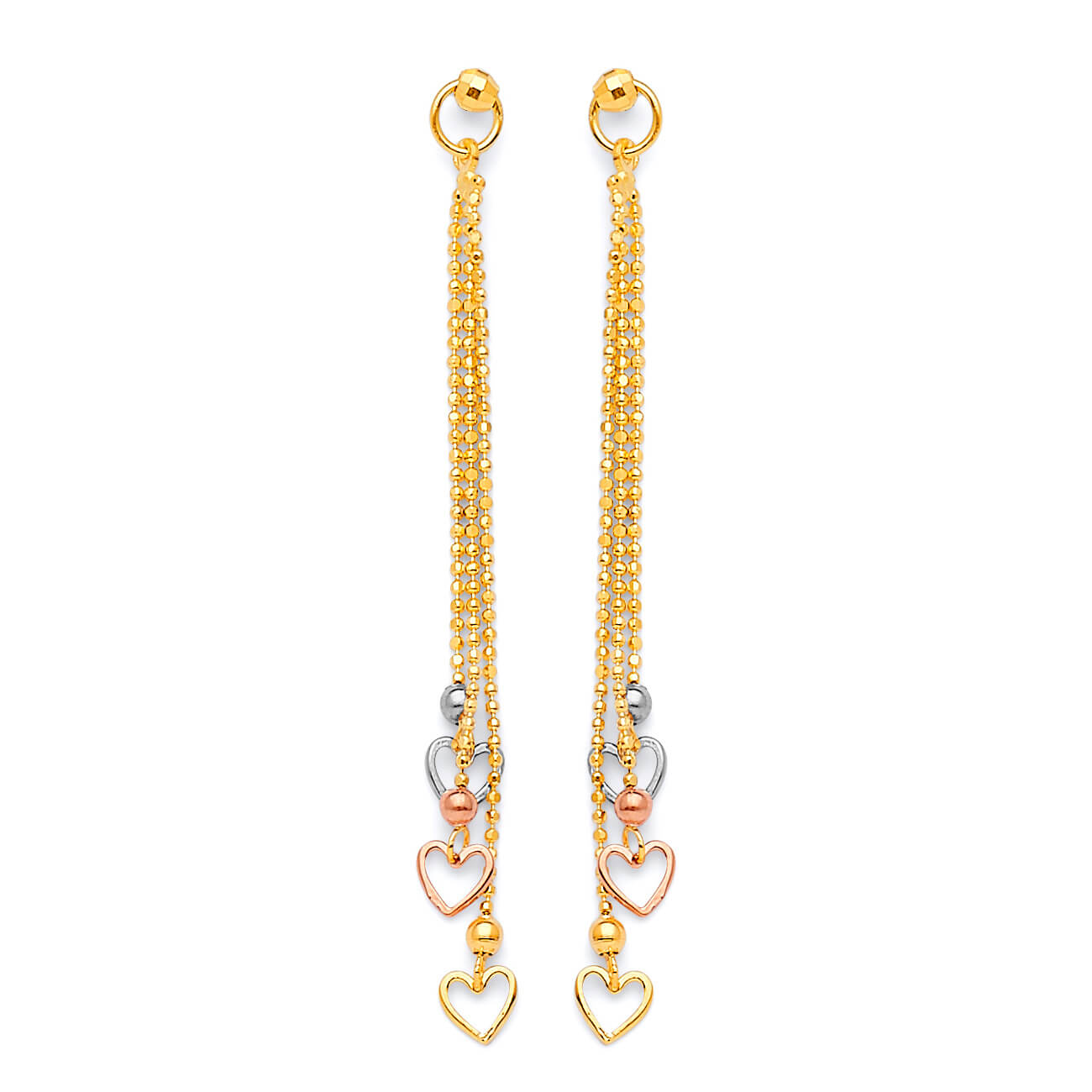 Heart Tassel Earrings in 14K Tri-Color Gold and Butterfly Backing