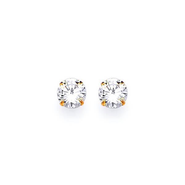 Solitaire Stud Earrings with White CZ in 14K Gold and Screw Backing