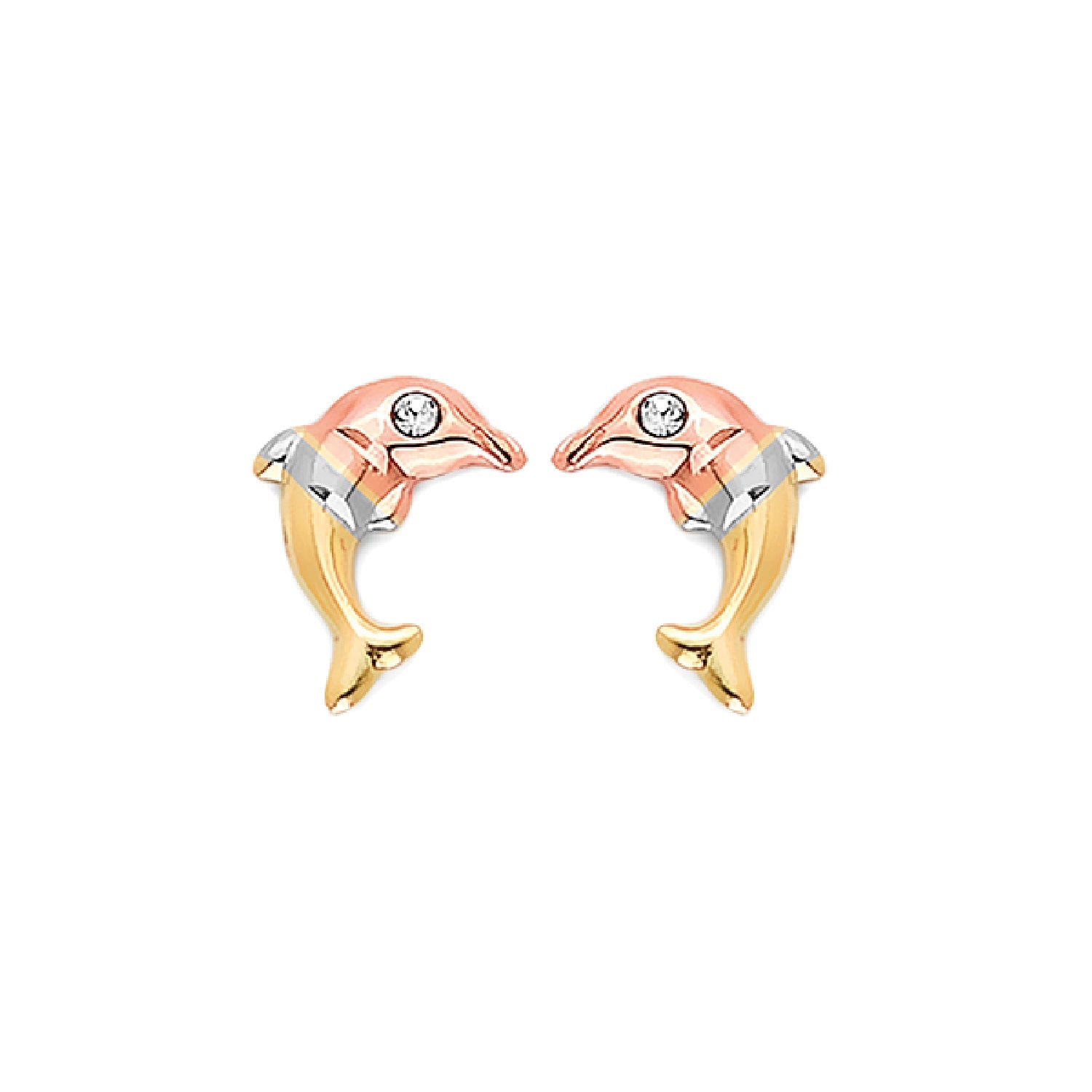 Dolphin Stud Earrings in 14K Tri-Color Gold
