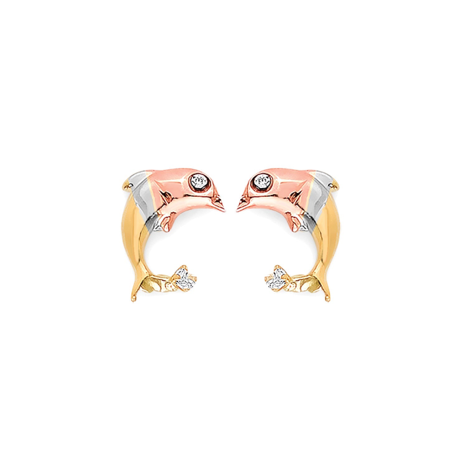 Dolphin Stud Earrings in 14K Tri-Color Gold