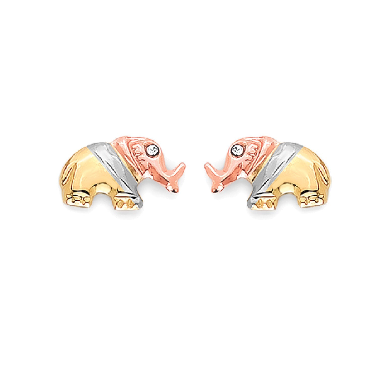 Elephant Stud Earrings in 14K Tri-Color Gold