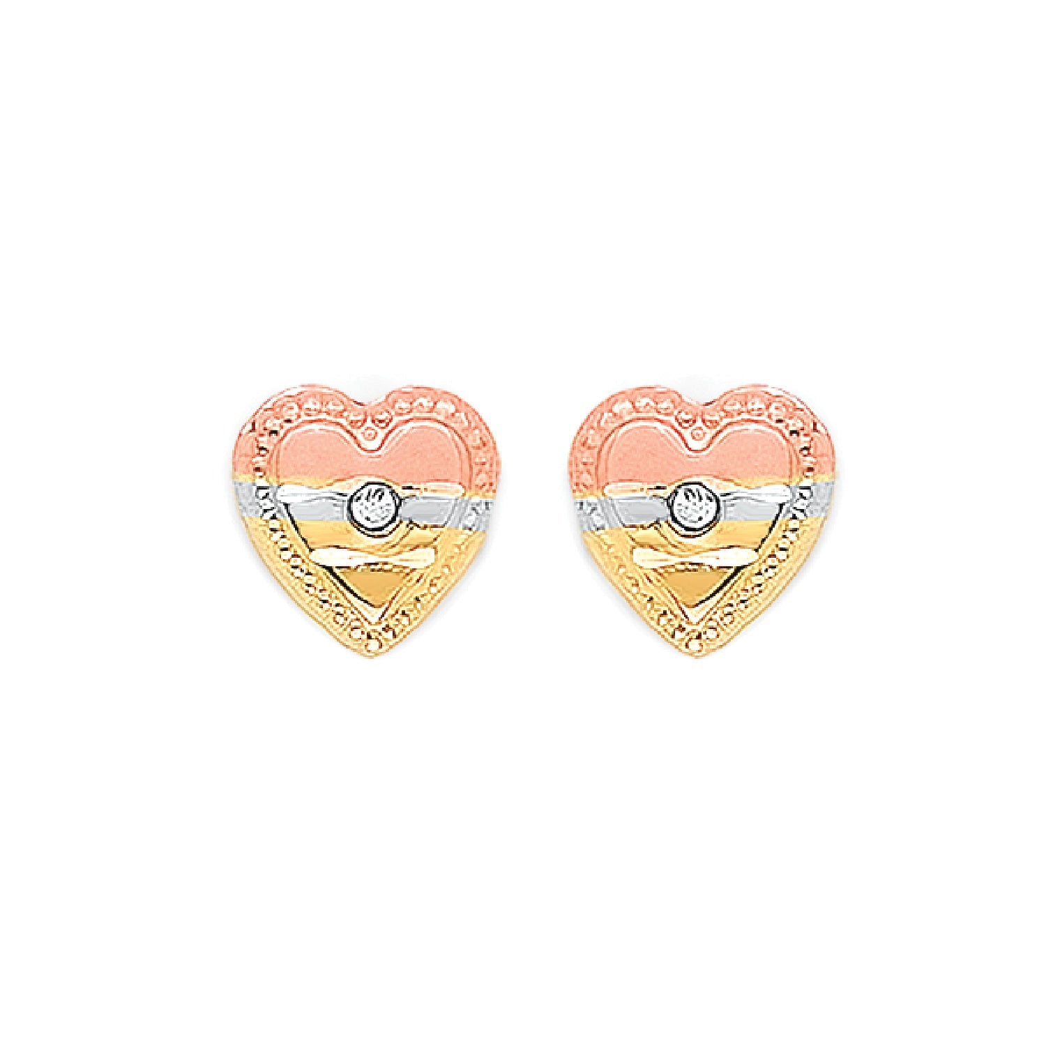 White CZ Heart Stud Earrings in 14K Tri-Color Gold