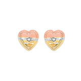 White CZ Heart Stud Earrings in 14K Tri-Color Gold