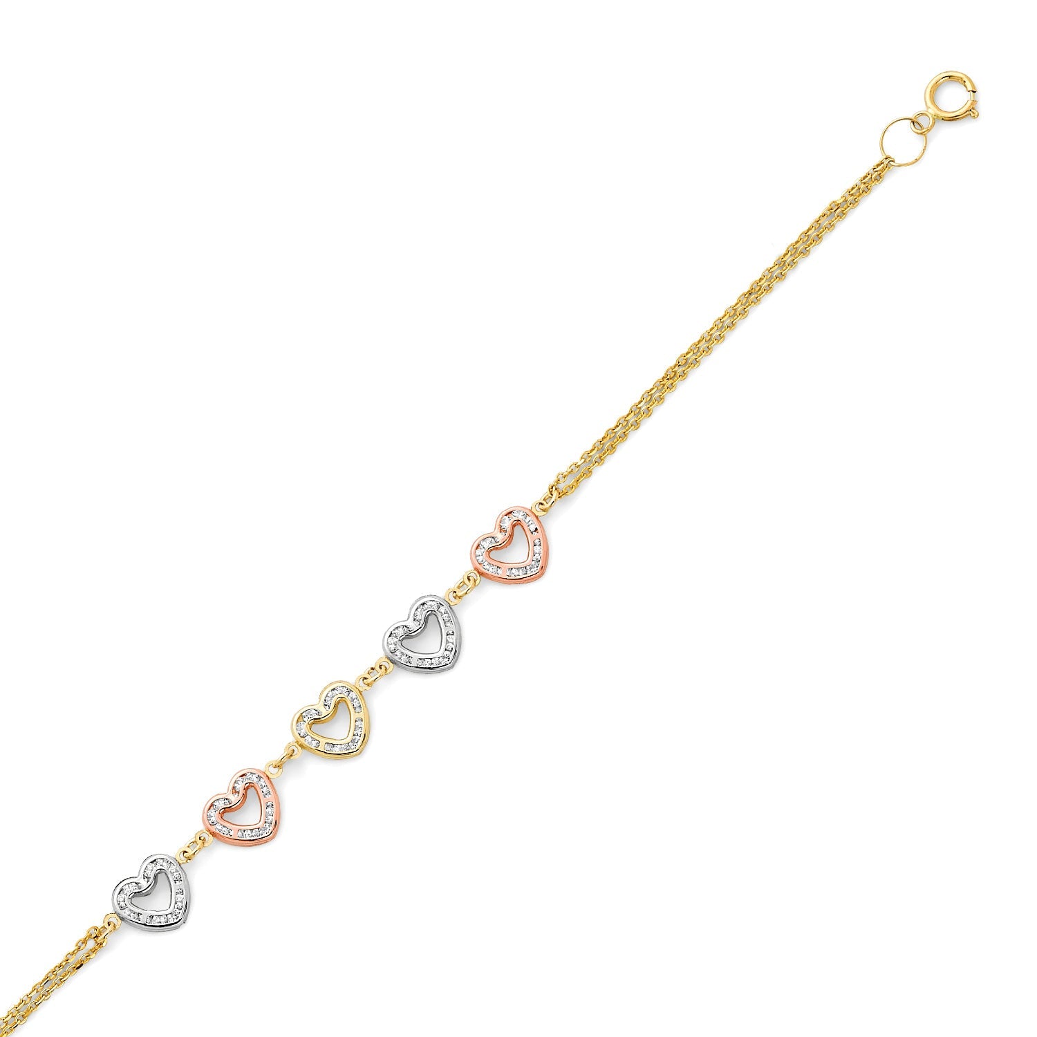 White CZ Ladies Heart Charm Bracelet in 14K Tri-Color Gold