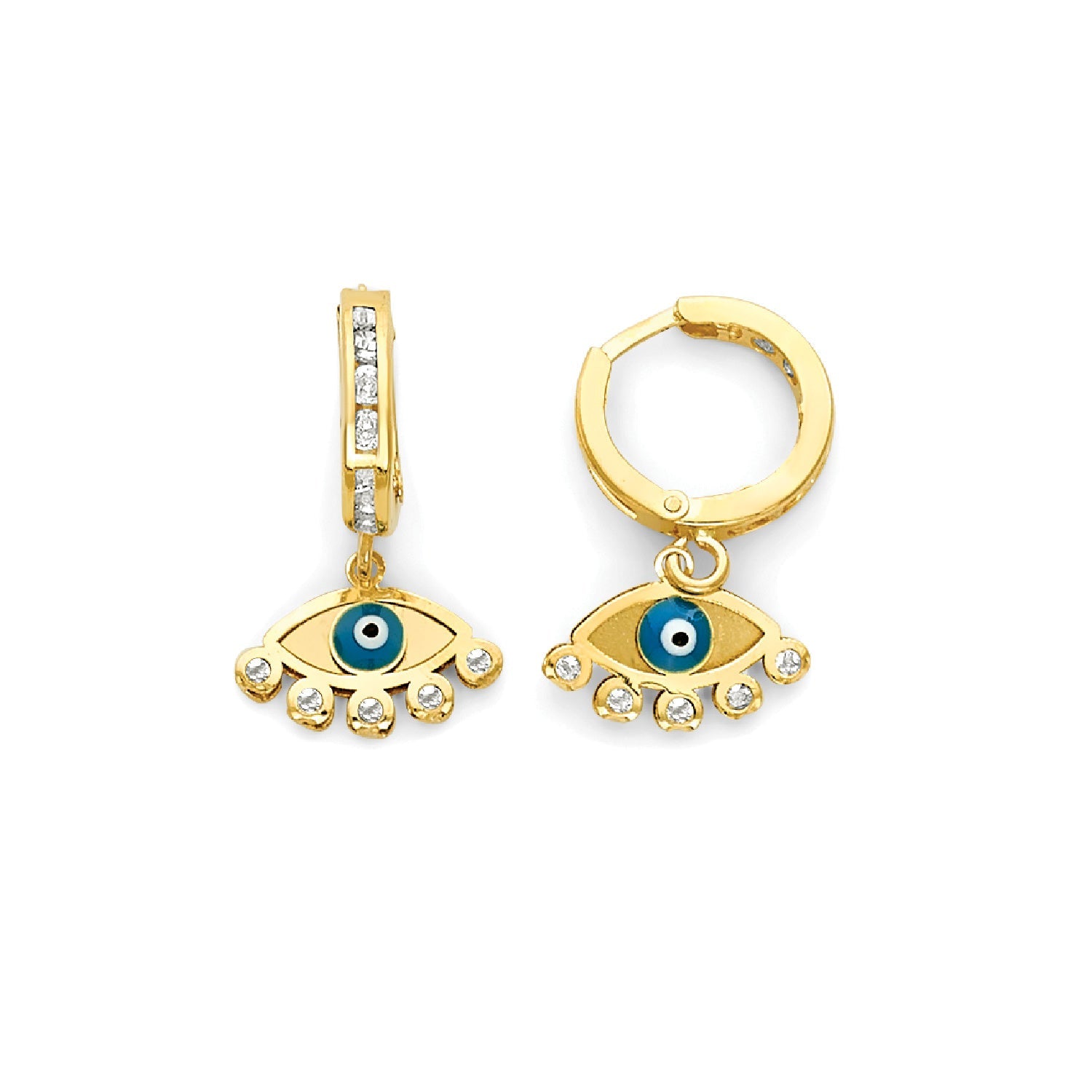 Blue Enamel & White CZ Eye Drop Huggie Earrings in 14K Gold