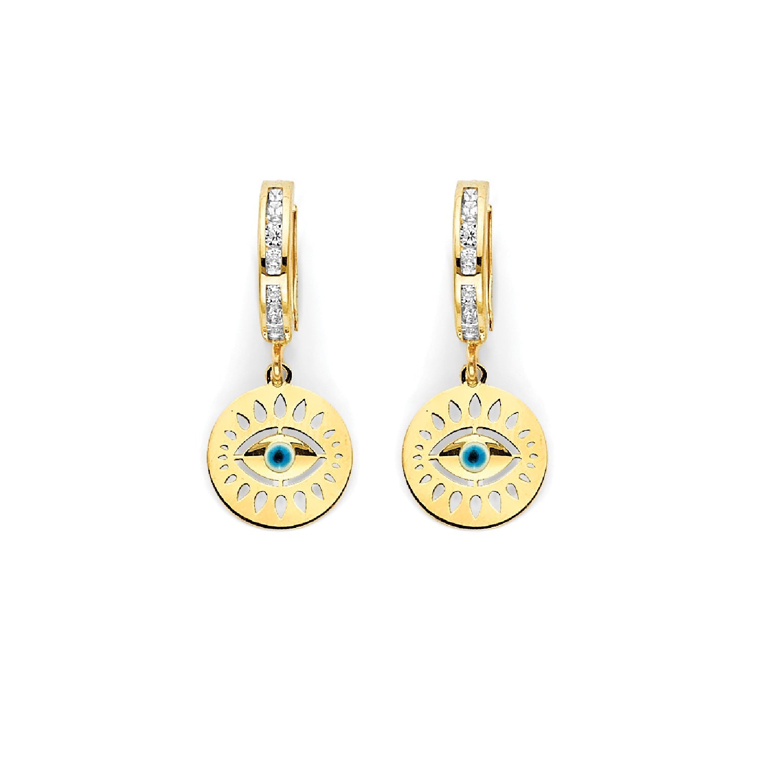 White CZ & Enamel Eye Drop Huggie Earrings in 14K Gold