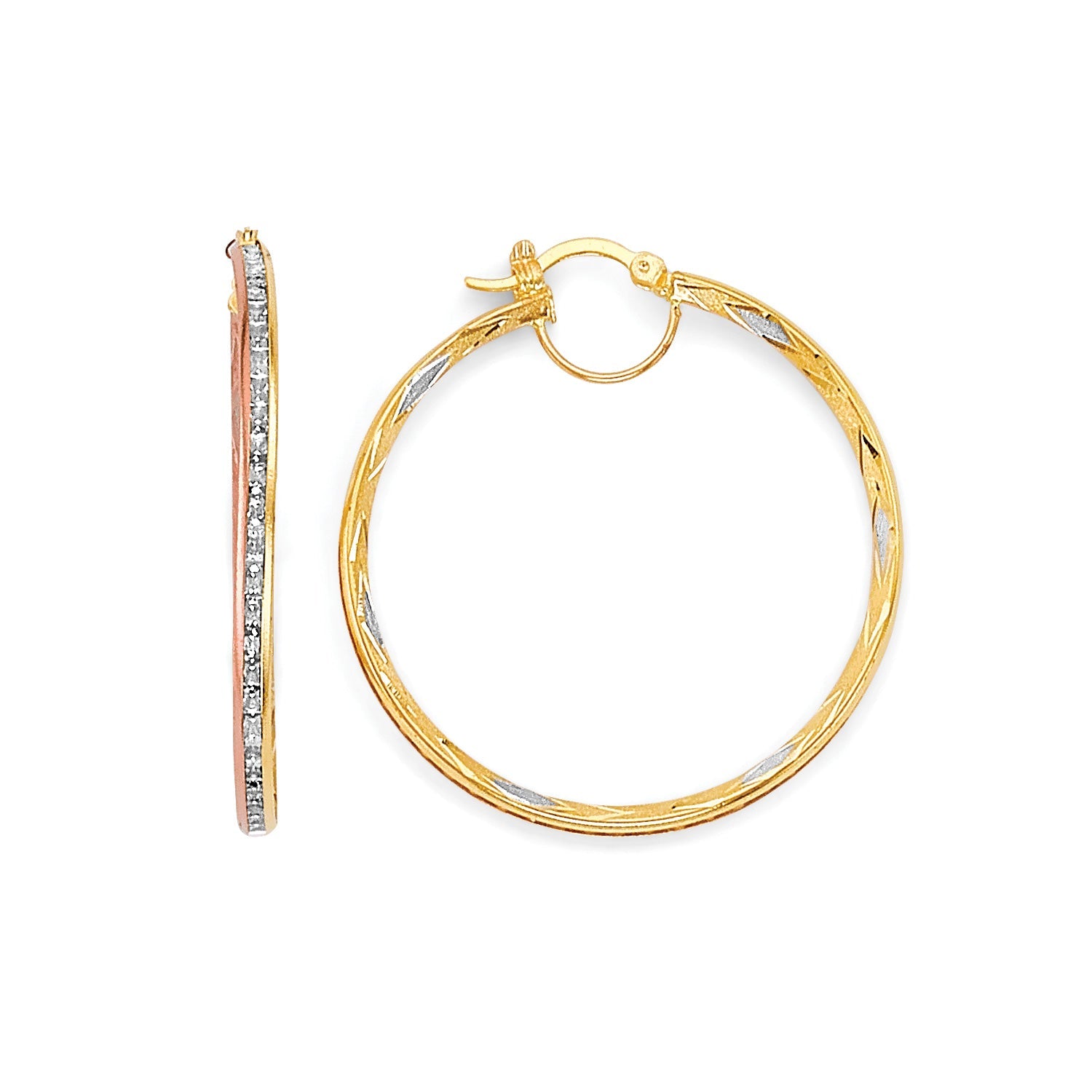 White CZ Hoop Earrings in 14K Tri-Color Gold
