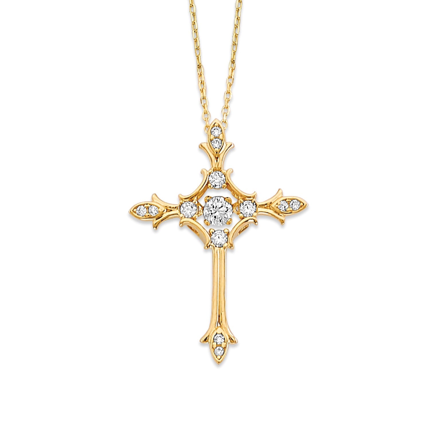 Adjustable White CZ Cross Charm Necklace in 14K Gold