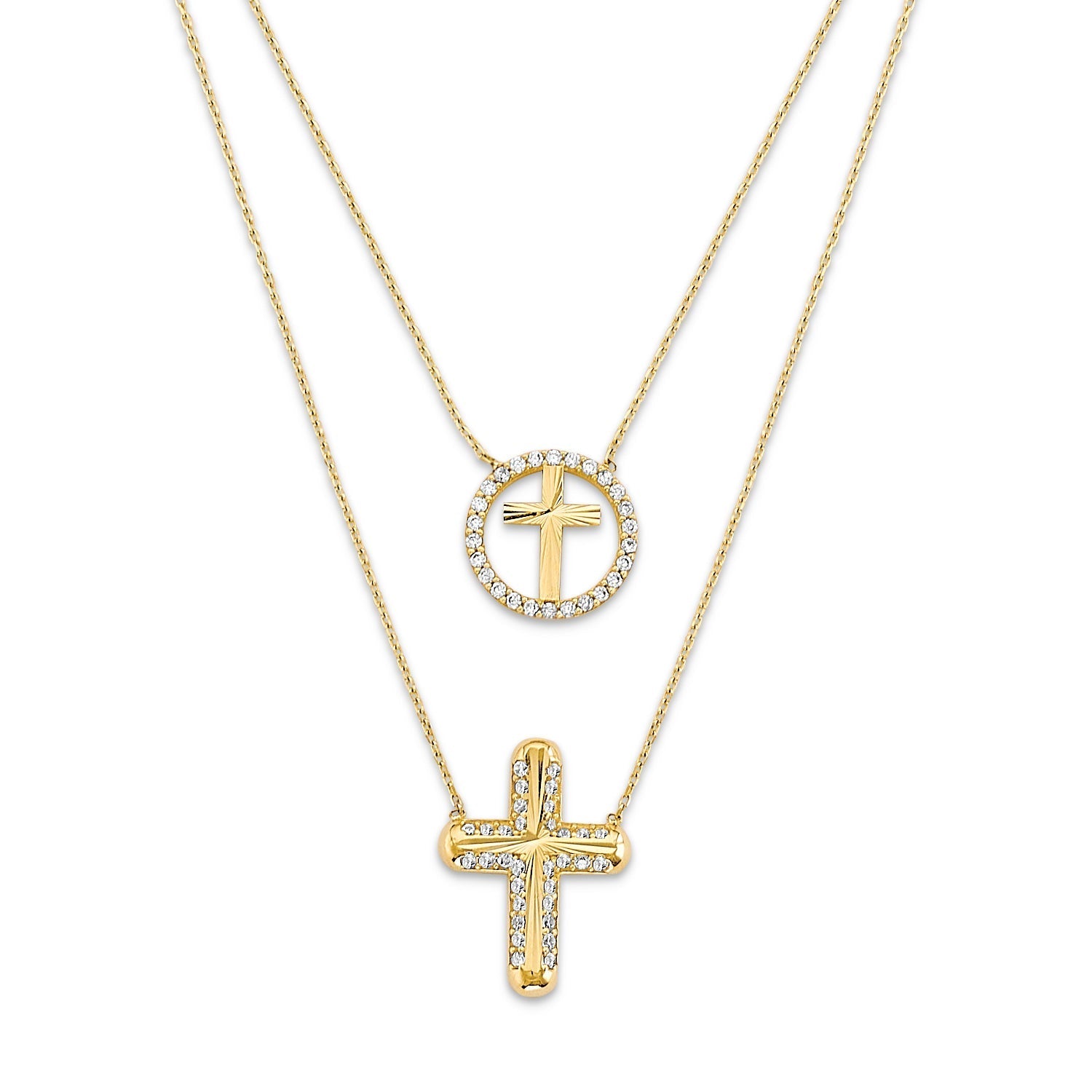 Adjustable White CZ Cross Charm Necklace in 14K Gold